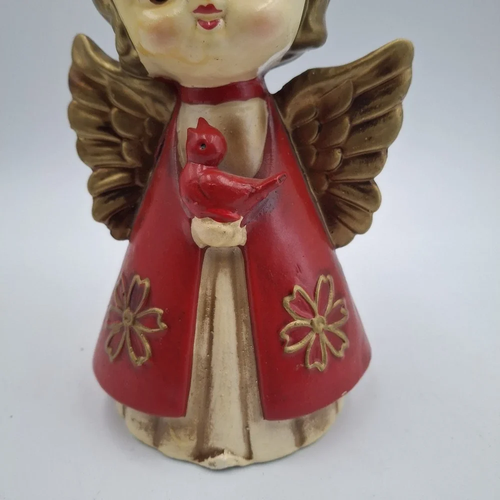 Vtg Christmas Angel Figurine Japan Mid Century‎ Red Gold Big Eye Girl Cardinal